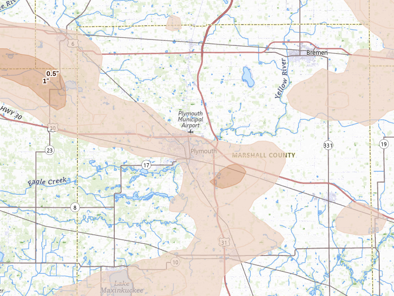 Radar-estimated hail-size map of the storm over Plymouth, IN on Aug 10, 2026