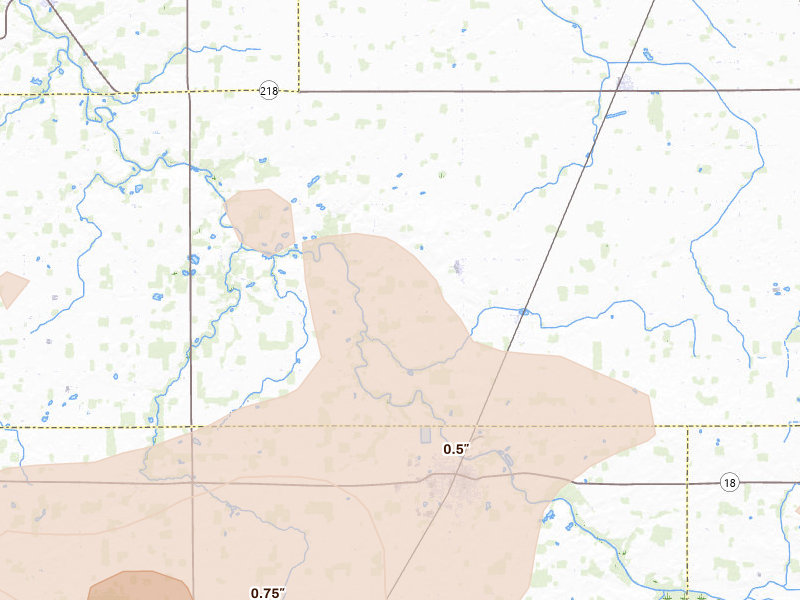 Radar-estimated hail-size map of the storm over Poneto, IN on Aug 11, 2026