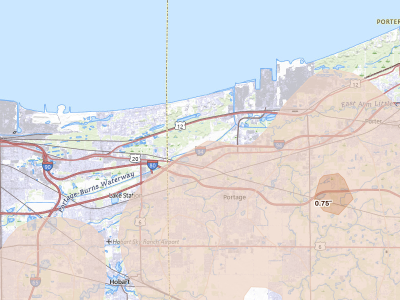 Radar-estimated hail-size map of the storm over Portage, IN on Mar 10, 2026
