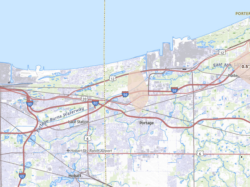 Radar-estimated hail-size map of the storm over Portage, IN on Jun 11, 2026