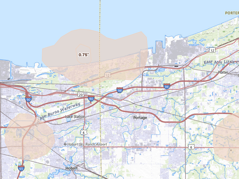 Radar-estimated hail-size map of the storm over Portage, IN on Aug 9, 2026
