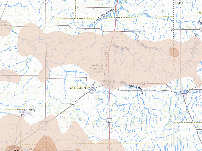 Radar-estimated hail-size map of the storm over Portland, IN on Mar 22, 2026