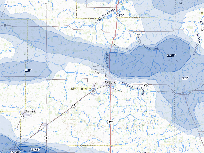 NEXRAD radar-signature map of the hail storm over Portland, IN on Mar 22, 2026