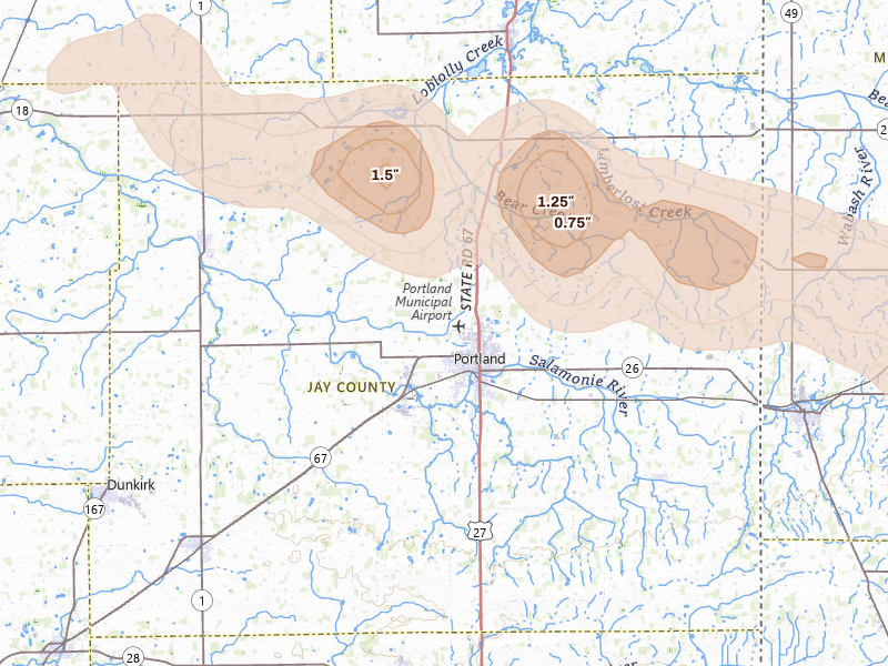 Radar-estimated hail-size map of the storm over Portland, IN on Mar 26, 2026