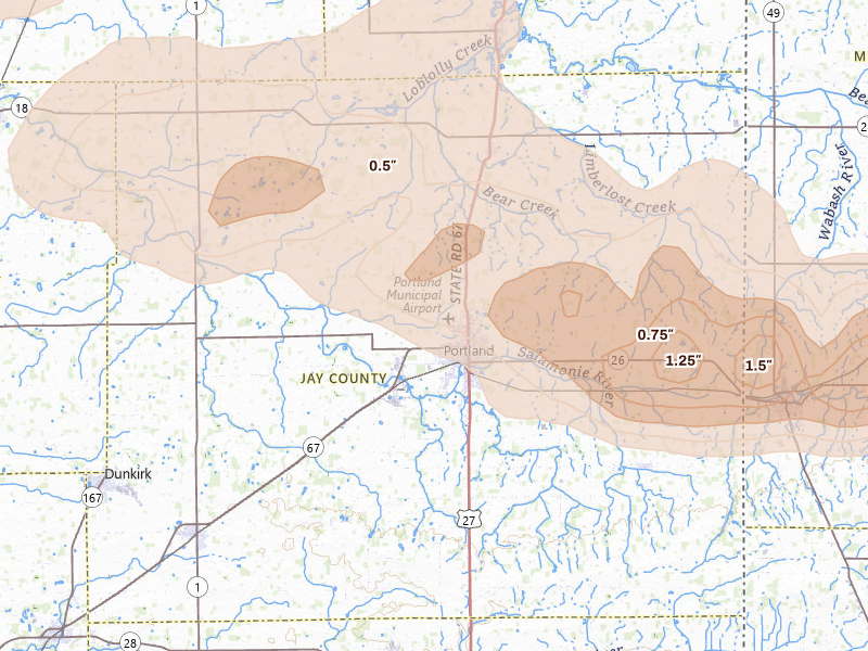Radar-estimated hail-size map of the storm over Portland, IN