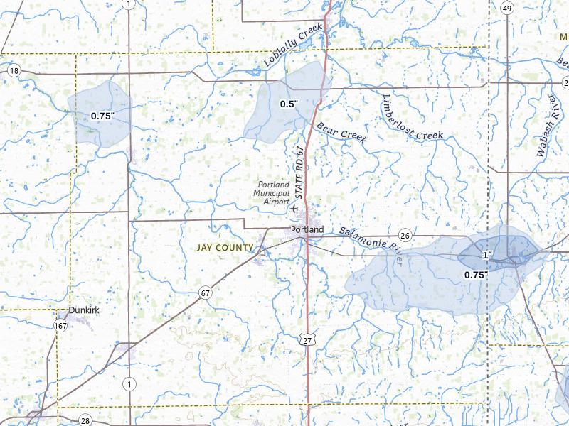 NEXRAD radar-signature map of the hail storm over Portland, IN on Jun 6, 2026