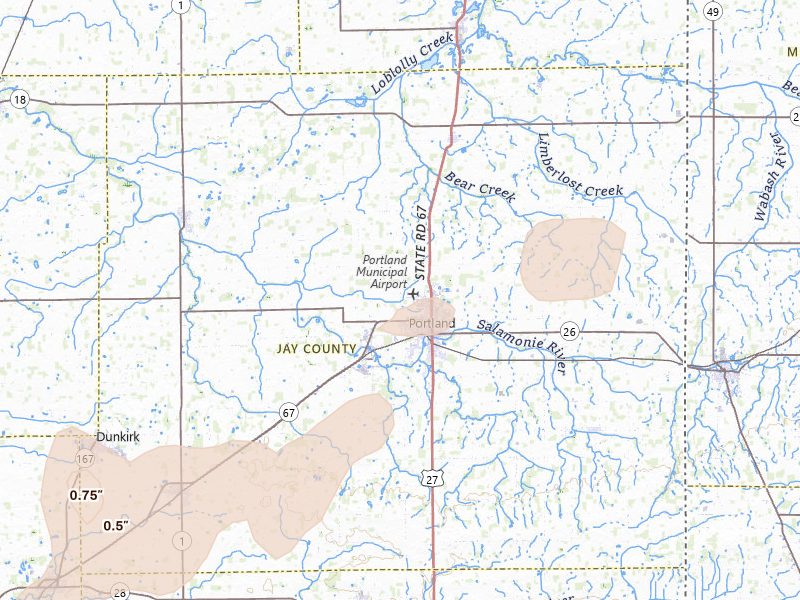 Radar-estimated hail-size map of the storm over Portland, IN on Jul 3, 2026