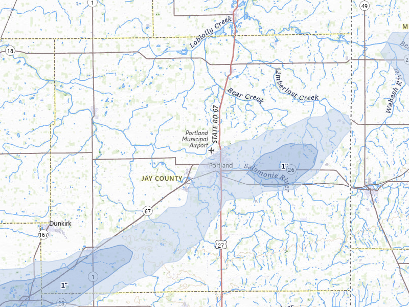 NEXRAD radar-signature map of the hail storm over Portland, IN on Jul 3, 2026
