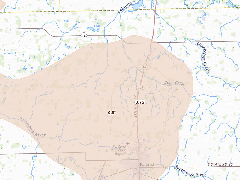 Radar-estimated hail-size map of the storm over Portland, IN on Aug 10, 2026