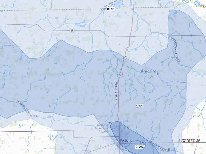 NEXRAD radar-signature map of the hail storm over Portland, IN on Aug 10, 2026