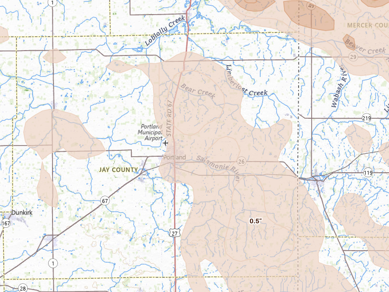 Radar-estimated hail-size map of the storm over Portland, IN on Aug 11, 2026