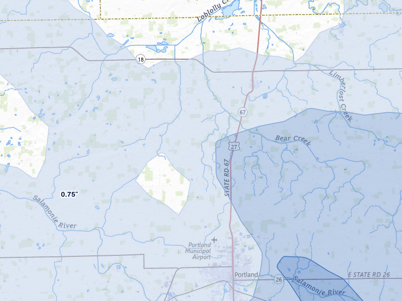 NEXRAD radar-signature map of the hail storm over Portland, IN on Aug 11, 2026