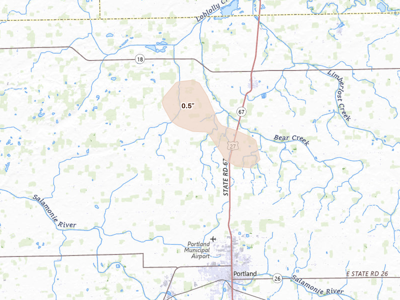 Radar-estimated hail-size map of the storm over Portland, IN on Sep 4, 2026