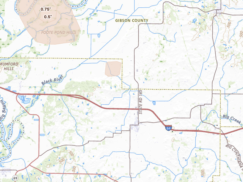 Radar-estimated hail-size map of the storm over Poseyville, IN on Jun 25, 2026
