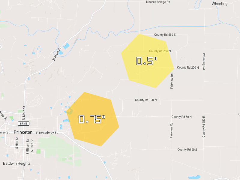 Hail map of Princeton, IN on Jul 3, 2026, hail up to 0.75"