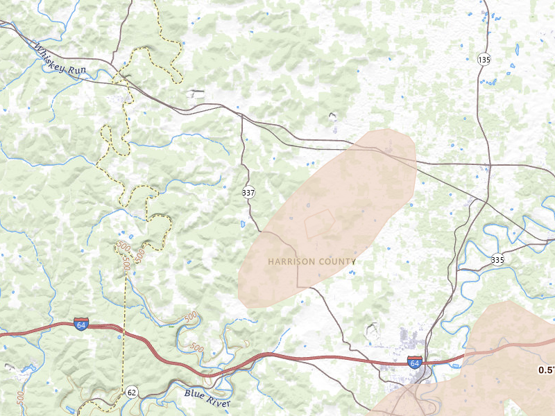 Radar-estimated hail-size map of the storm over Ramsey, IN on May 16, 2026