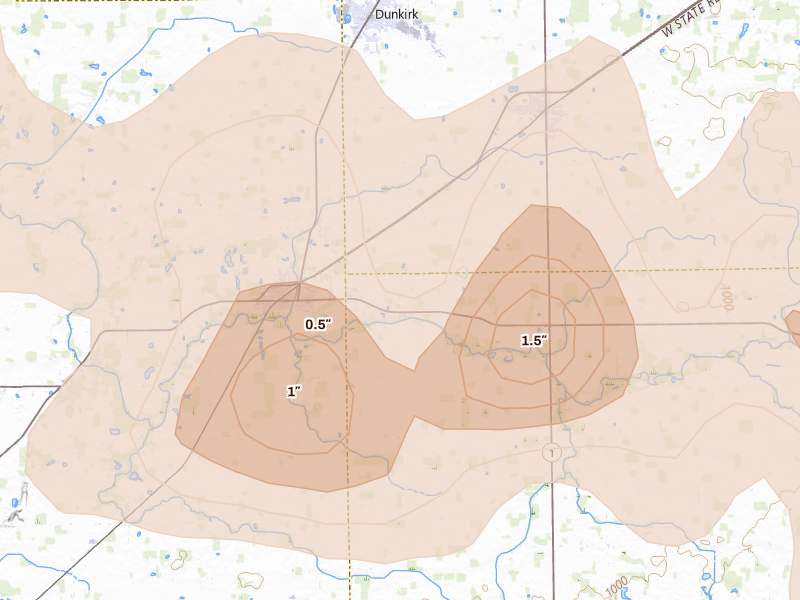 Radar-estimated hail-size map of the storm over Redkey, IN on Mar 22, 2026