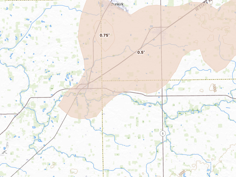 Radar-estimated hail-size map of the storm over Redkey, IN on Jul 3, 2026