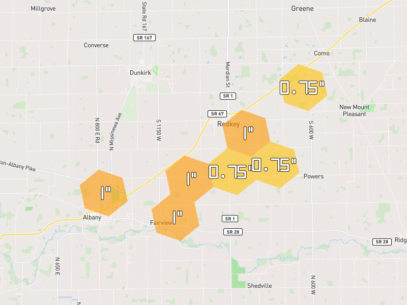 Hail map of Redkey, IN on Jul 3, 2026, hail up to 1"