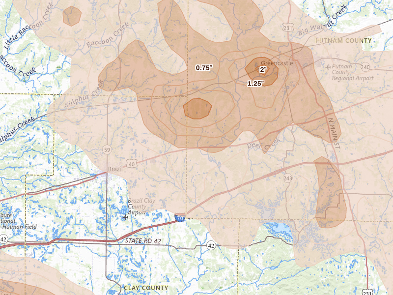 Radar-estimated hail-size map of the storm over Reelsville, IN on Aug 11, 2026