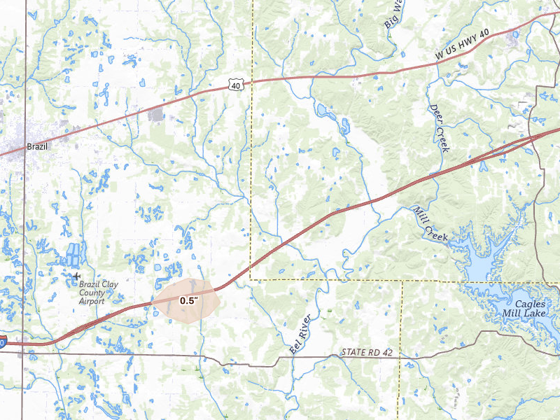 Radar-estimated hail-size map of the storm over Reelsville, IN on Aug 12, 2026