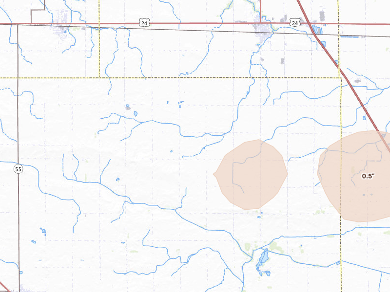 Radar-estimated hail-size map of the storm over Remington, IN on Jun 5, 2026