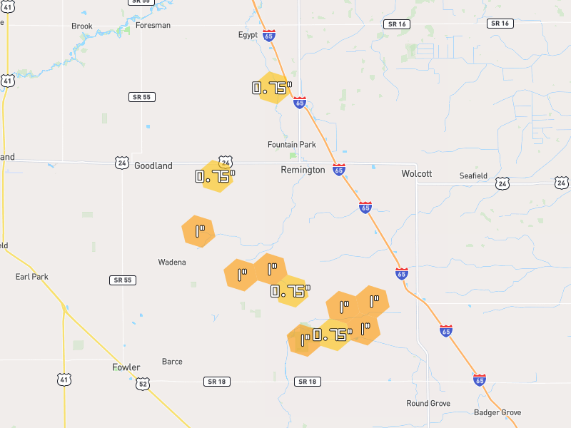 Hail map of Remington, IN on Jun 6, 2026, hail up to 1"