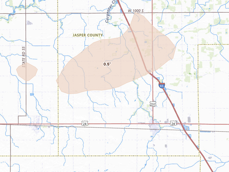 Radar-estimated hail-size map of the storm over Remington, IN on Aug 11, 2026