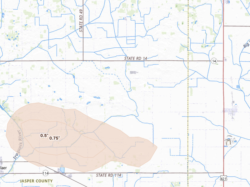 Radar-estimated hail-size map of the storm over Rensselaer, IN on Apr 13, 2026