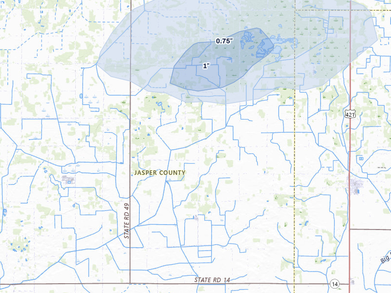 NEXRAD radar-signature map of the hail storm over Rensselaer, IN on Jun 5, 2026