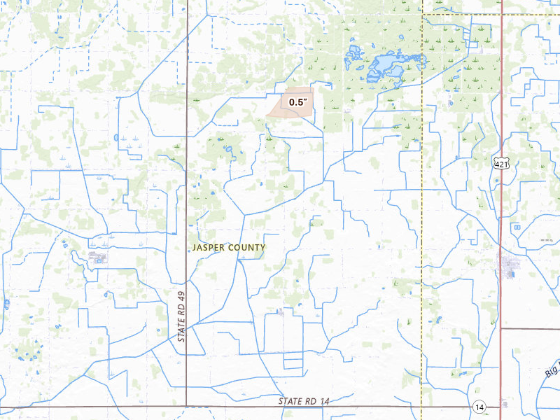 Radar-estimated hail-size map of the storm over Rensselaer, IN on Jun 9, 2026