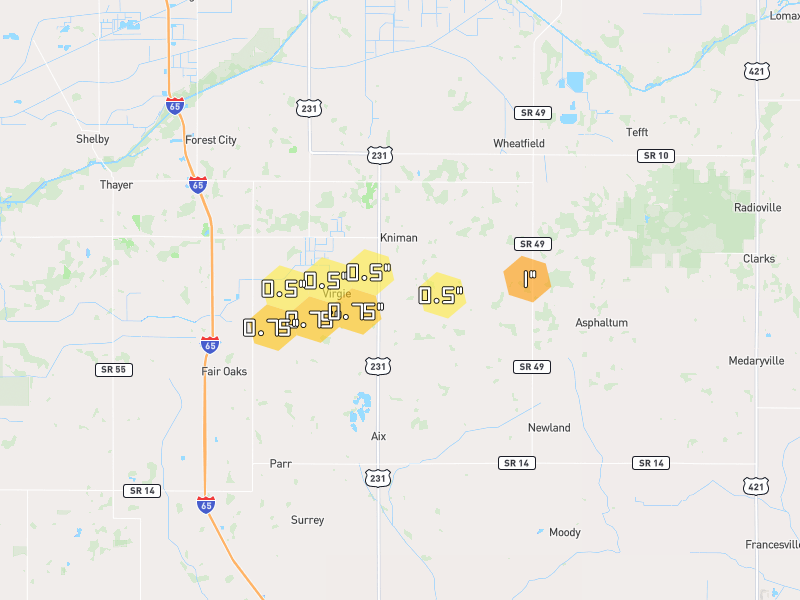 Hail map of Rensselaer, IN on Jun 9, 2026, hail up to 1"