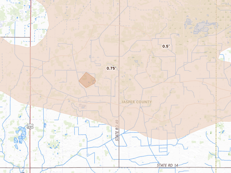 Radar-estimated hail-size map of the storm over Rensselaer, IN on Aug 10, 2026