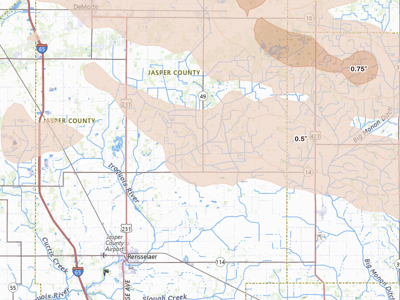 Radar-estimated hail-size map of the storm over Rensselaer, IN on Aug 11, 2026