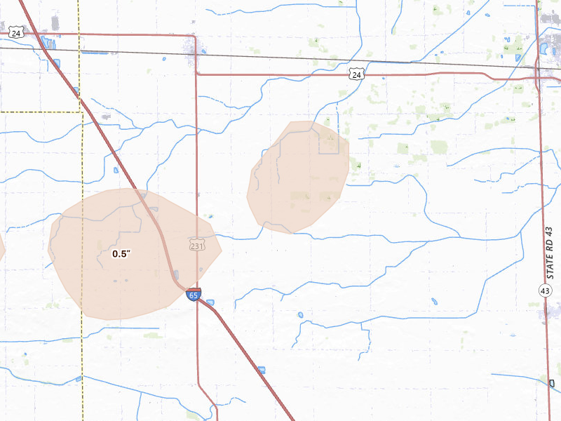 Radar-estimated hail-size map of the storm over Reynolds, IN on Jun 5, 2026