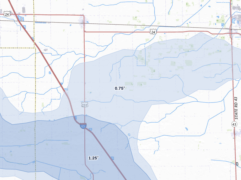 NEXRAD radar-signature map of the hail storm over Reynolds, IN on Jun 5, 2026