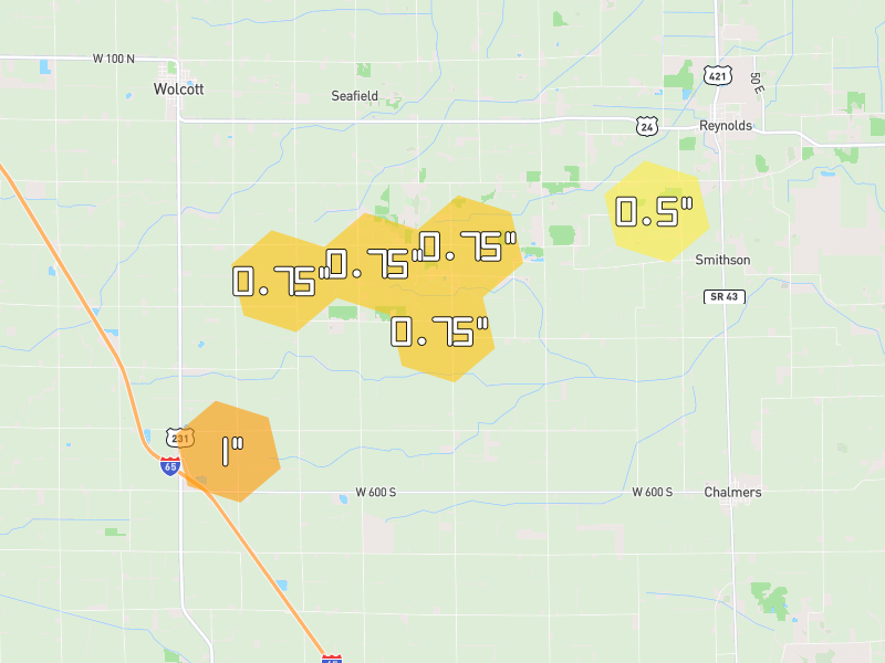 Hail map of Reynolds, IN on Jun 6, 2026, hail up to 1"