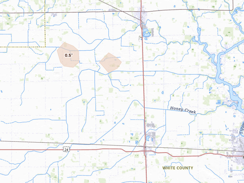 Radar-estimated hail-size map of the storm over Reynolds, IN on Aug 10, 2026