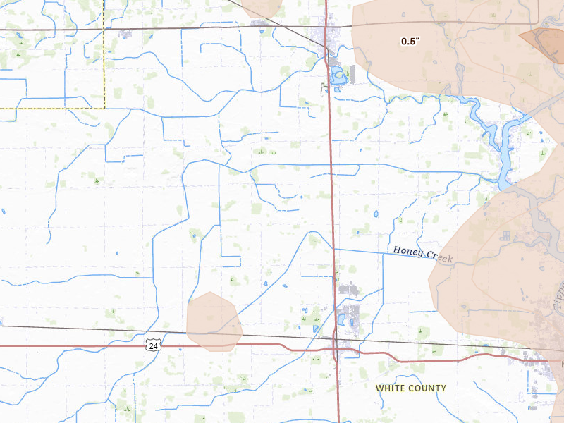 Radar-estimated hail-size map of the storm over Reynolds, IN on Aug 11, 2026