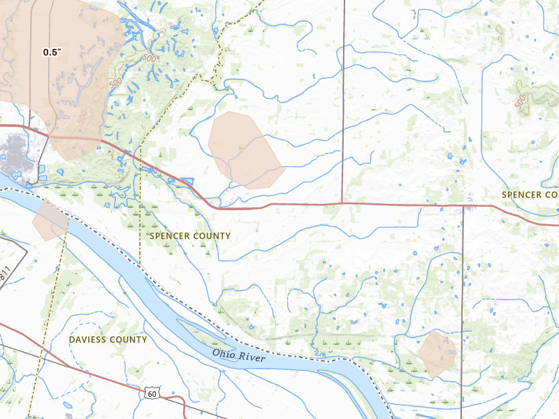 Radar-estimated hail-size map of the storm over Richland, IN on Jul 18, 2026