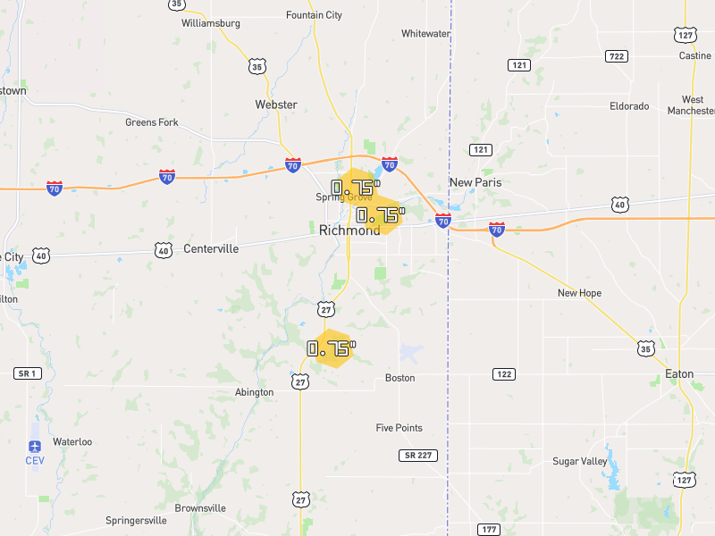 Hail map of Richmond, IN on Jul 3, 2026, hail up to 0.75"