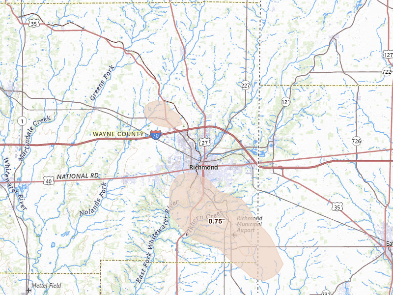 Radar-estimated hail-size map of the storm over Richmond, IN on Sep 4, 2026
