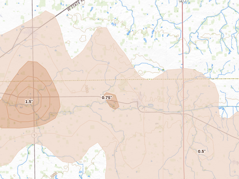 Radar-estimated hail-size map of the storm over Ridgeville, IN on Mar 22, 2026