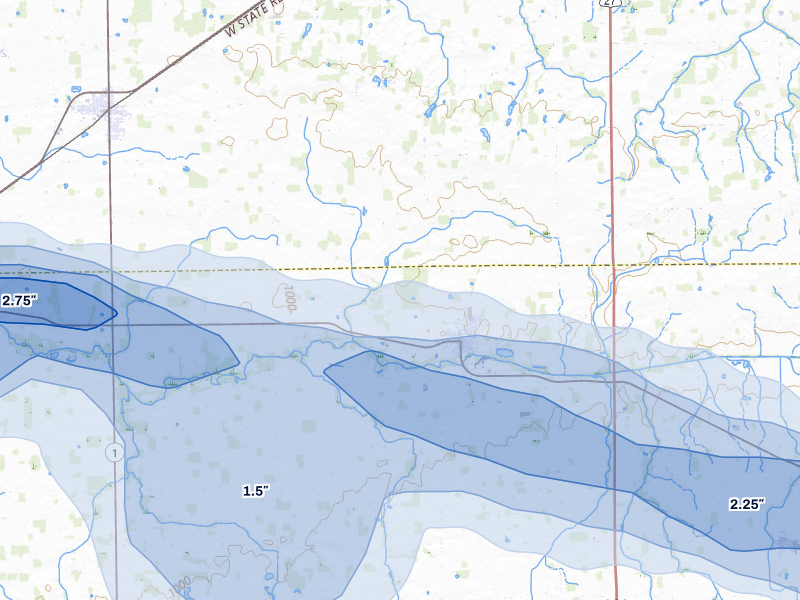 NEXRAD radar-signature map of the hail storm over Ridgeville, IN on Mar 22, 2026