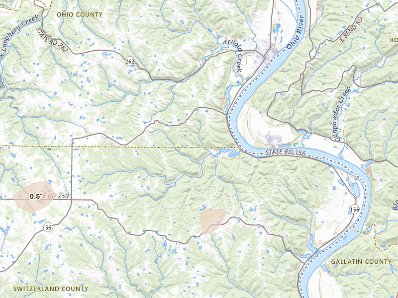 Radar-estimated hail-size map of the storm over Rising Sun, IN on May 16, 2026