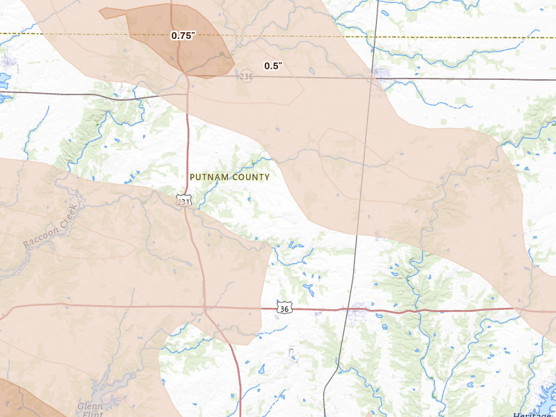 Radar-estimated hail-size map of the storm over Roachdale, IN on Aug 11, 2026