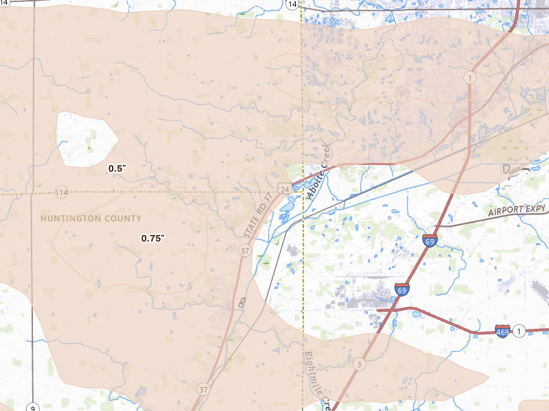 Radar-estimated hail-size map of the storm over Roanoke, IN on Aug 10, 2026