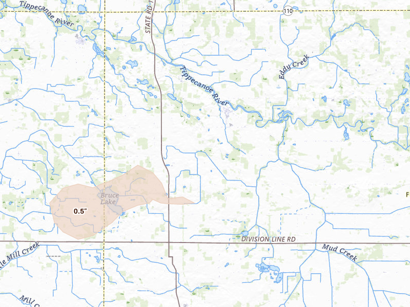 Radar-estimated hail-size map of the storm over Rochester, IN on Apr 13, 2026