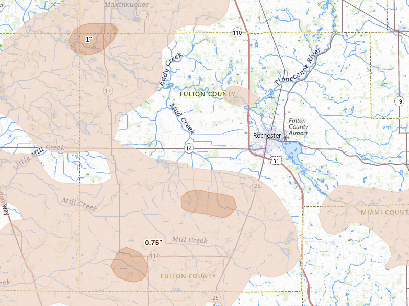 Radar-estimated hail-size map of the storm over Rochester, IN on Aug 10, 2026