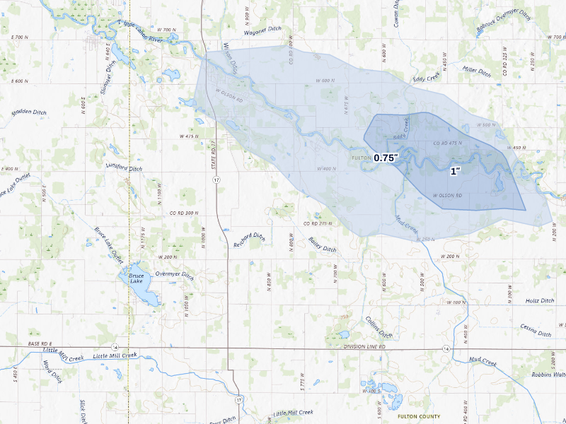 NEXRAD radar-signature map of the hail storm over Rochester, IN on Aug 26, 2026